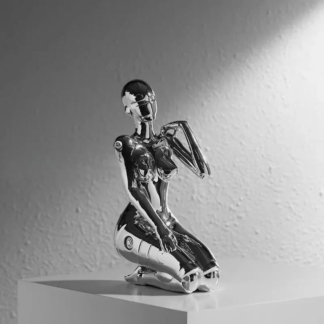 Mechanical Goddess Figurine with Chrome Finish, Futuristic Art Sculptu