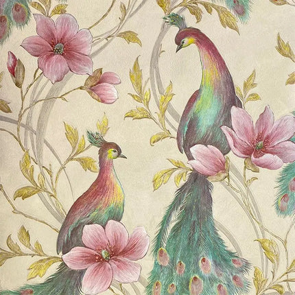 Peacock Feather & Floral Birds Wallpaper — Southeast Asian Mural, 53cm × 9.2m | Très Élite