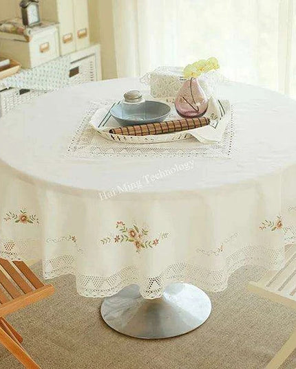 Elegant Floral Lace Trimmed White Cotton Tablecloth for Dining and Coffee Tables - European Pastoral Design