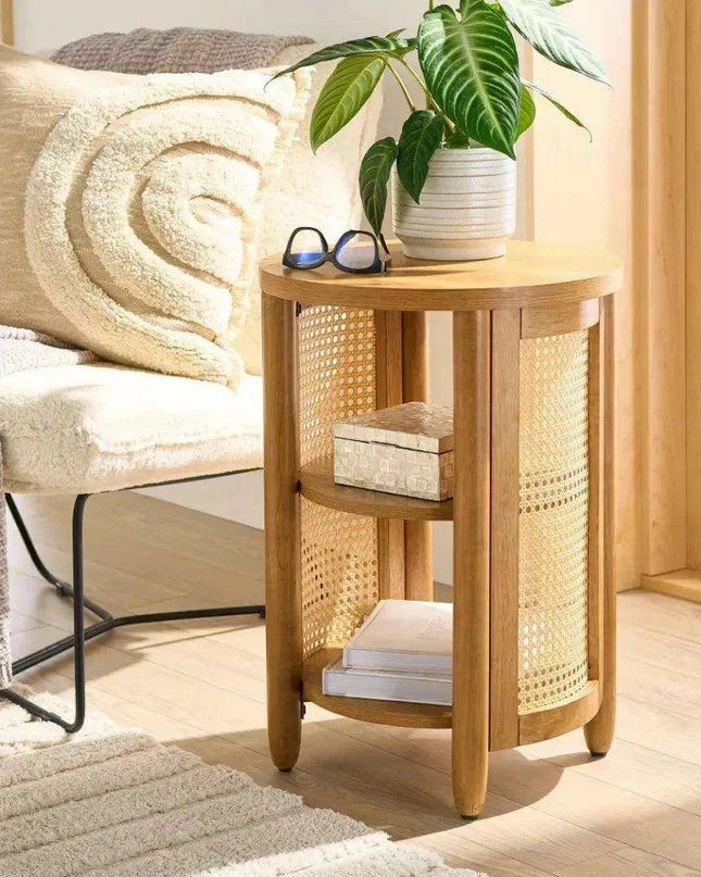 Tropical Charm Caned Round Side Table with Warm Honey Finish – Versatile Elegance for Any Room