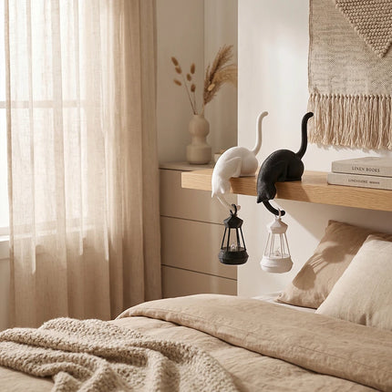 Cat Shelf Hook with Lantern Figurine | Night Light & Desk Ornament