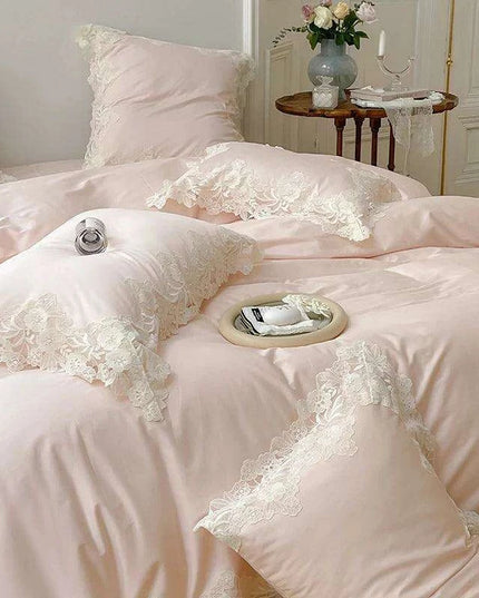 Chic Light Pink Lace Embroidered Royal Quilt Set - Luxurious Egyptian Cotton Duvet Cover with Matching Bed Sheet & Pillowcases in Korean Design