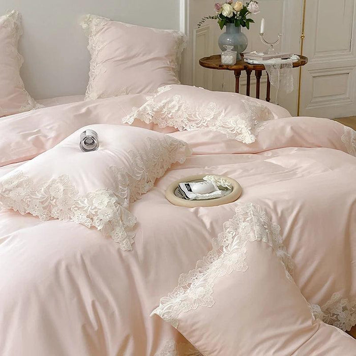 Chic Light Pink Lace Embroidered Royal Quilt Set - Luxurious Egyptian Cotton Duvet Cover with Matching Bed Sheet & Pillowcases in Korean Design