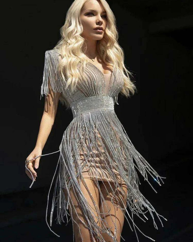 Radiant Diamond Tassel V Neck Bodycon Mini Dress - Showstopper Evening Attire