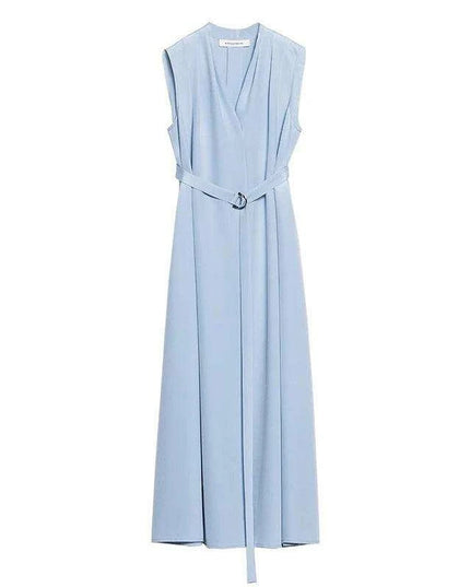 Chic Sleeveless Silk V-Neck Dress with Pleated Waistband Design