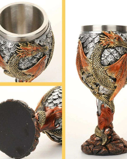 Dragon Resin Stainless Steel Beer Mug - Hand Painted Gothic Viking Skull Wine Goblet