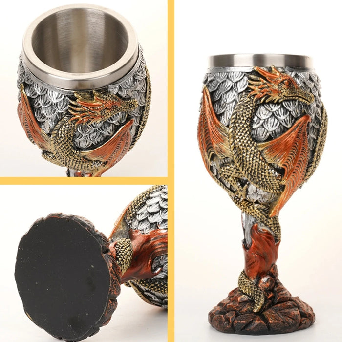 Dragon themed 3D Resin and Stainless Steel Beer Mug - Hand Painted Gothic Wine Goblet Viking Skull Glass