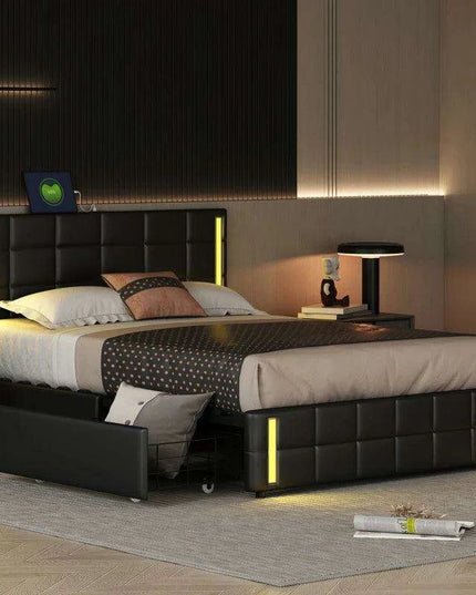 Luxurious Queen Bed with Smart LED Lighting, USB Charging, and Spacious Storage Options