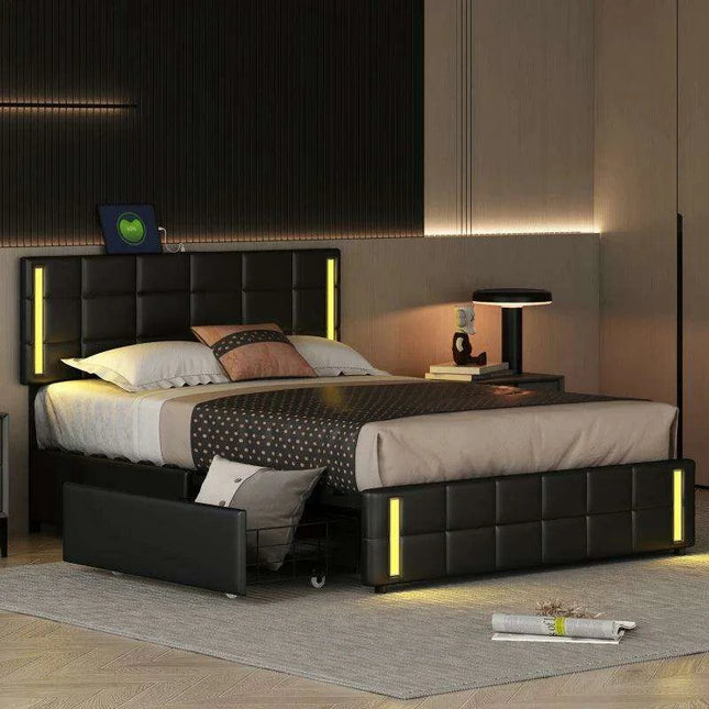 Luxurious Queen Bed with Smart LED Lighting, USB Charging, and Spacious Storage Options