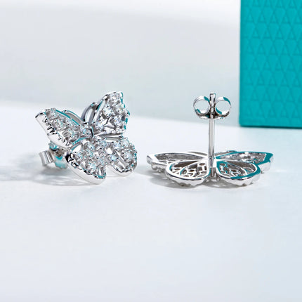 D Colour Moissanite Butterfly Stud Earrings — 925 Silver, 18K Plated, with Certificate
