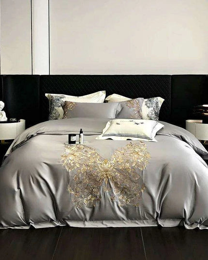 Luxurious Butterfly Embroidery Satin Silk Cotton Bedding Set - Silky Brocade Duvet Cover, Bed Sheet & Pillowcases (4 Piece Collection)