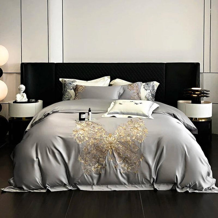 Luxurious Butterfly Embroidery Satin Silk Cotton Bedding Set - Silky Brocade Duvet Cover, Bed Sheet & Pillowcases (4 Piece Collection)