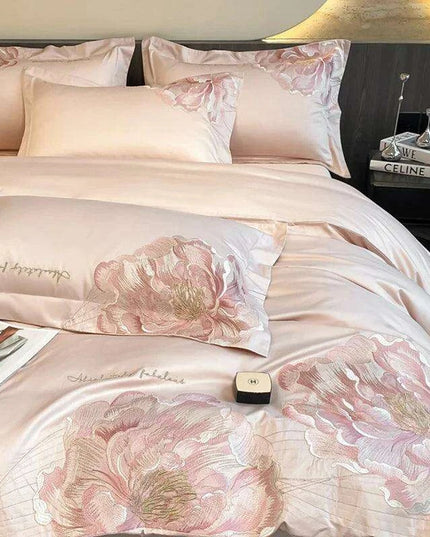 Elegant Floral Embroidery Cotton Bedding Collection - 4-Piece Duvet Cover Set with Sheets and Pillowcases in Soft Pink, Gray, and Blue