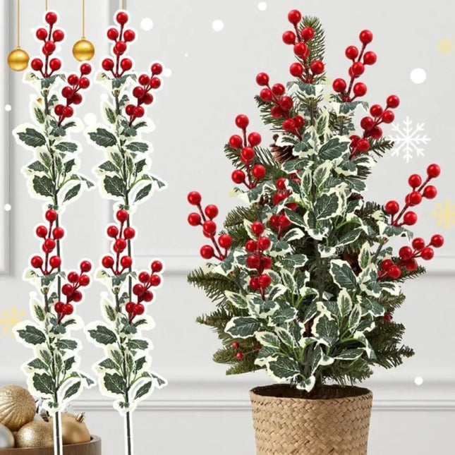 Artificial Red Berry Picks with Pale-Edged Holly Leaves, Set of 5, 45 cm