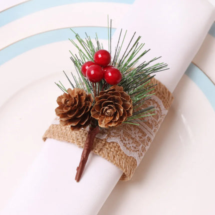 4PCS Christmas Cedrus Table Napkin Ring, Jute Lace Napkin Buckle,Crafts Holder Handmade Party Dinner New Year Decor 4pcs-christmas-cedrus-table-napkin-ring-jute-lace-napkin-buckle-crafts-holder-handmade-party-dinner-new-year-decor
