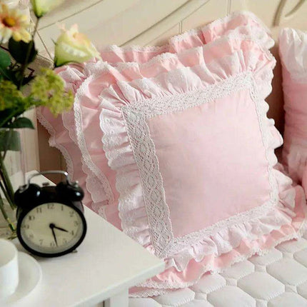 Charming Pink Satin Cushion Cover with Delicate Lace Detailing for Elegant Home Accents