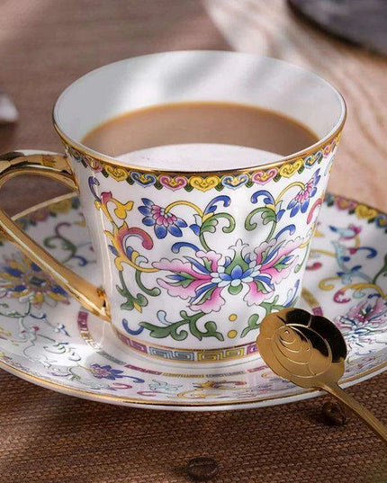 Imperial Elegance Enamel Porcelain Tea and Coffee Cup Set with Ornate Borders