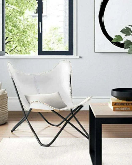 Vintage Elegance White Leather Butterfly Lounge Chair with Portable Frame