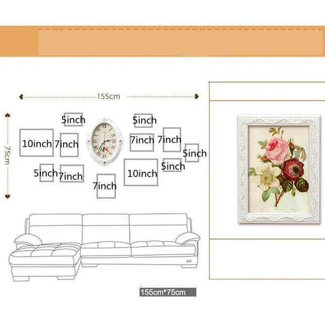 Elegant European-Inspired Wall Art Set with Clock and Picture Frames