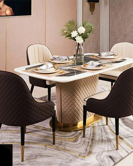 Genuine Leather Chairs & Elegant Marble Table with Stainless Steel Accents