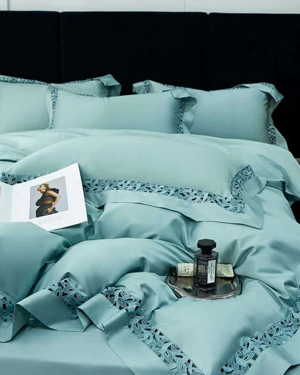 Exquisite 1200TC Egyptian Cotton Luxury Bedding Collection with Elegant Hollow Lace Trim, Duvet Cover, Flat & Fitted Sheets, and Pillowcases