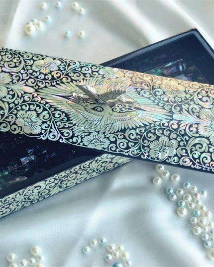 Artisan Mother of Pearl Crane Keepsake Box with Wooden Accents