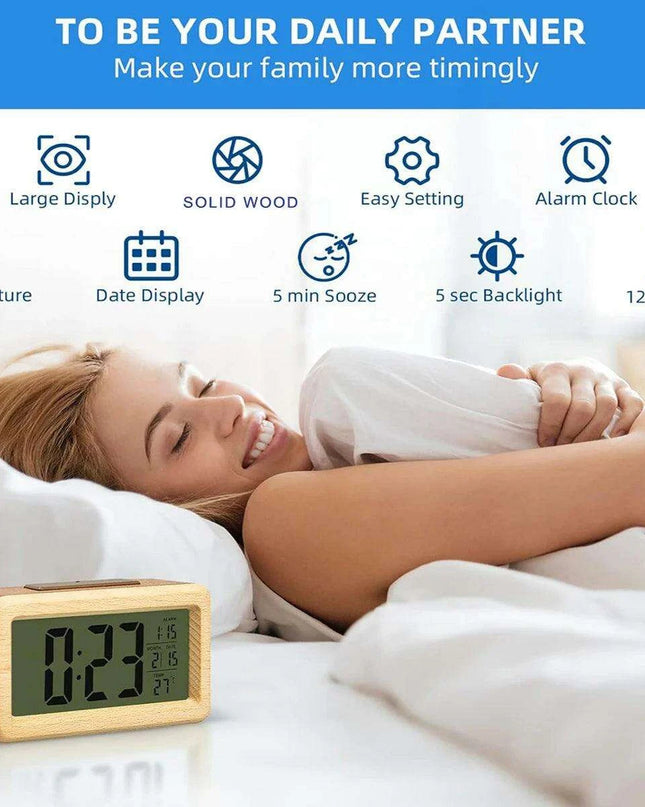 Stylish Wooden Alarm Clock with Temperature and Calendar - Ideal Decorative Gift for Home or Office