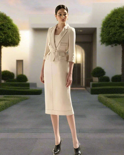 Elegant Women's Autumn 2-Piece Suit with Contrast Lines Belted Jacket and Slim Tweed Dress