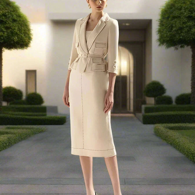 Elegant Women's Autumn 2-Piece Suit with Contrast Lines Belted Jacket and Slim Tweed Dress