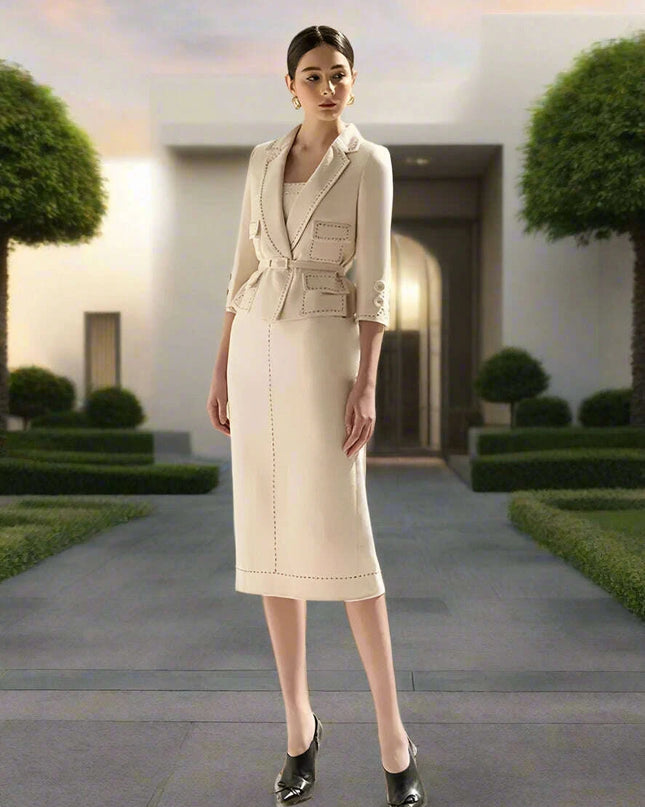 Elegant Women's Autumn 2-Piece Suit with Contrast Lines Belted Jacket and Slim Tweed Dress