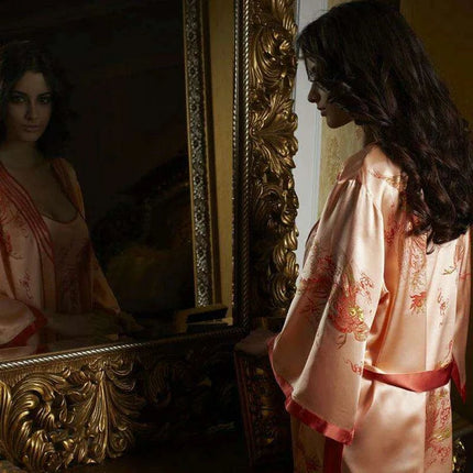Luxury Silk Nightwear Set with Embroidered Robe and Chemise - Elegant Sleepwear Ensemble