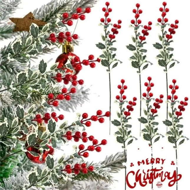 Artificial Red Berry Picks with Pale-Edged Green Leaves, 45 cm, Set of 5