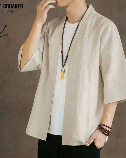 Elegant Cotton Linen Men's Yukata Kimono Robe - Chic Asian-Inspired Lounging Attire