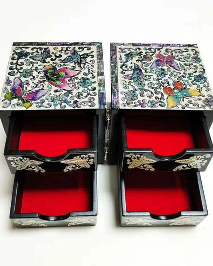 Opulent Mother of Pearl Jewelry Organizer with Butterfly and Peony Design - 4 Spacious Drawers