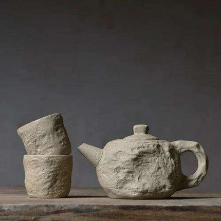 Artisanal Rustic Ceramic Teapot and Teacup Set with Hard Stone Finish
