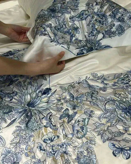 Luxurious Butterfly Embroidery Satin Silk Cotton Bedding Set - Silky Brocade Duvet Cover, Bed Sheet & Pillowcases (4 Piece Collection)