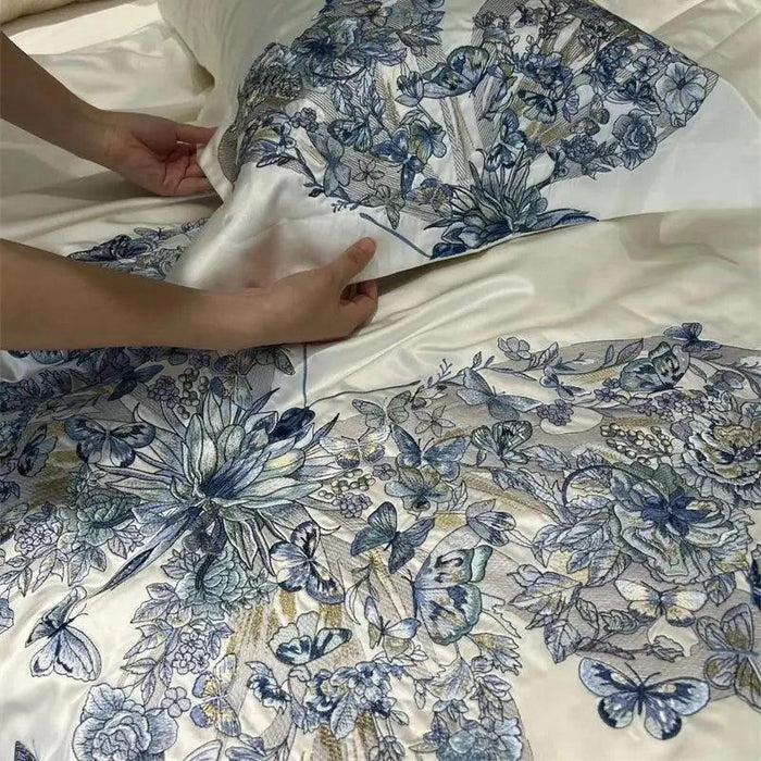Luxurious Butterfly Embroidery Satin Silk Cotton Bedding Set - Silky Brocade Duvet Cover, Bed Sheet & Pillowcases (4 Piece Collection)
