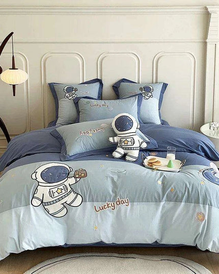 Charming Blue Cartoon Astronaut Embroidered 100% Cotton Boys Bedding Set - Single Duvet Cover, Sheet & Pillowcases - Ideal Gift for Little Explorers