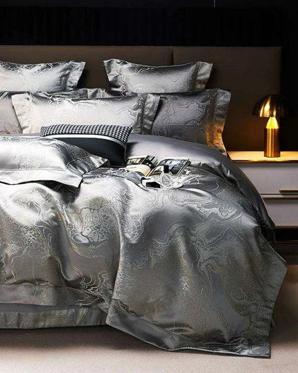 Luxurious Golden Jacquard Satin Bedding Set - 4-Piece Black Duvet & Egyptian Cotton Sheets