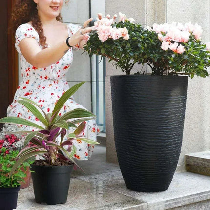 Elegant Stone Textured Tall Planter Set - Pair of 2 Resin Pots, 14'' Diameter