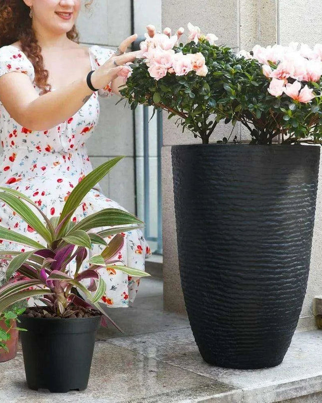 Elegant Stone Textured Tall Planter Set - Pair of 2 Resin Pots, 14'' Diameter