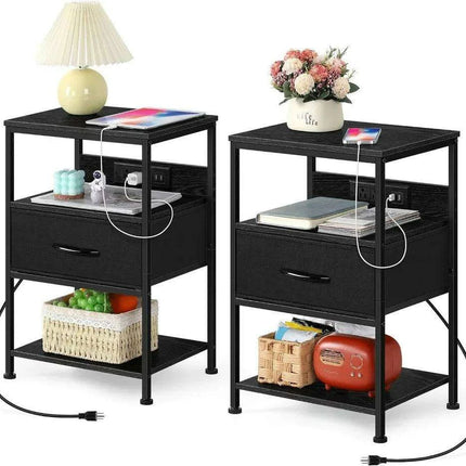 Modern Black Nightstand Set with USB Charging and Power Outlets - 2 Piece