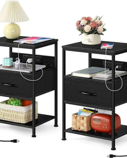 Modern Black Nightstand Set with USB Charging and Power Outlets - 2 Piece
