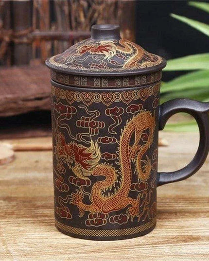 Handcrafted Dragon Design Purple Clay Tea Mug Set with Infuser and Lid