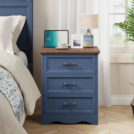 Blue Farmhouse Nightstand with Charging Station — 3-Drawer Bedside End Table, USB & AC Outlets