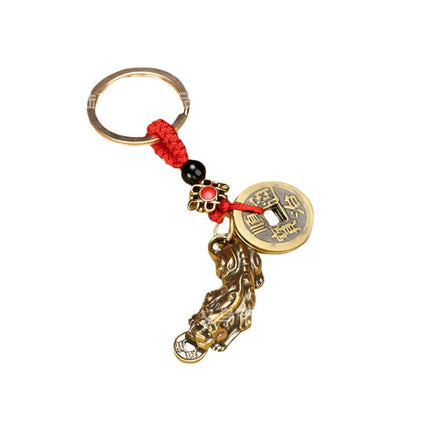 Antique Brass Lucky Cat Keychain with Feng Shui Coin & Five Emperors Charm