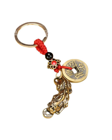 Antique Brass Lucky Cat Keychain with Feng Shui Coin & Five Emperors Charm