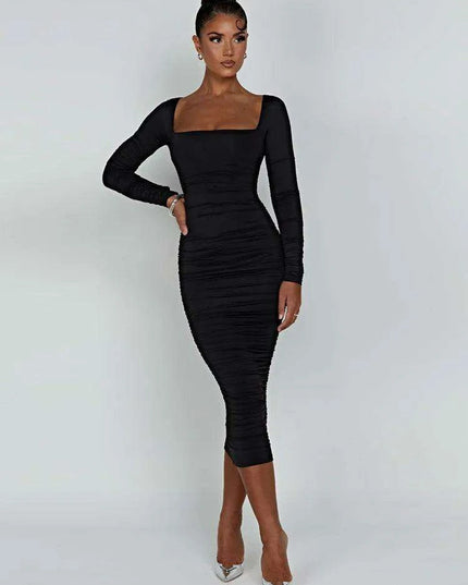 Elegant Long Sleeve Black Midi Dress with Ruched Detailing - The Ultimate Women’s Wardrobe Staple