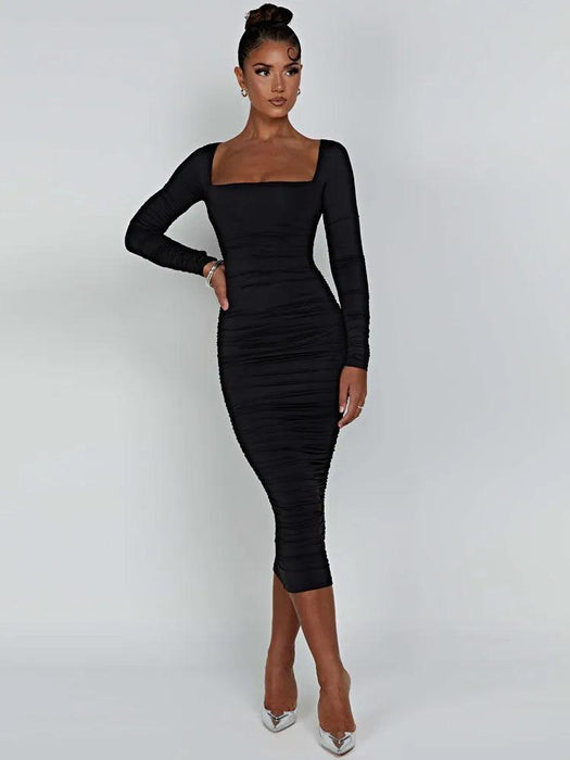 Elegant Long Sleeve Black Midi Dress with Ruched Detailing - The Ultimate Women’s Wardrobe Staple