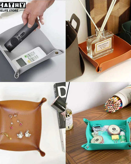 Chic Faux Leather Folding Valet Tray - Elegant Organizer for Home and Office